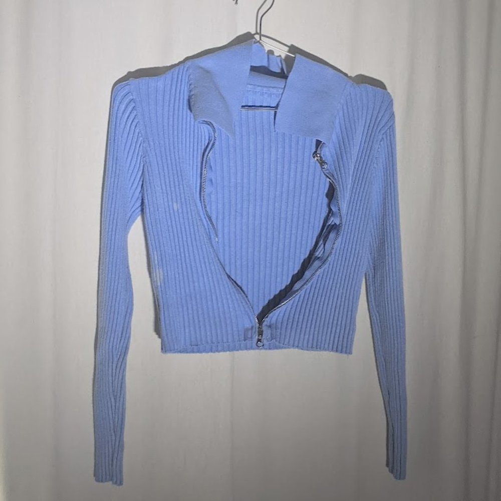 Blue ribbed cropped cardigan